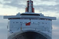 Photograph of a bow-on view of the QE2 on Southampton Water on 11 November 2008