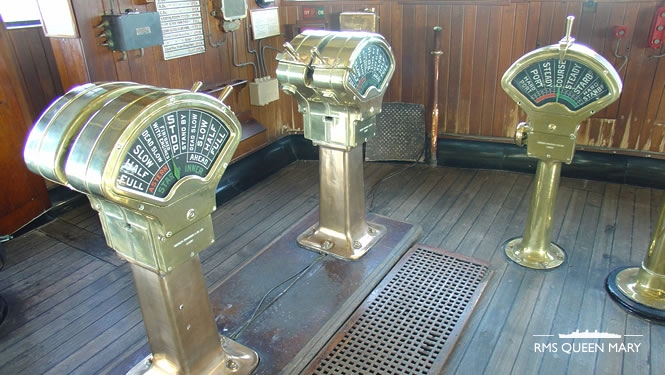 The bridge showing port-side engine telegraphs